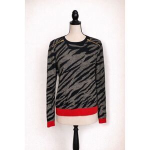 French Connection Zebra Print Sweater Women’s Size S Black Gray Red Accent Knit